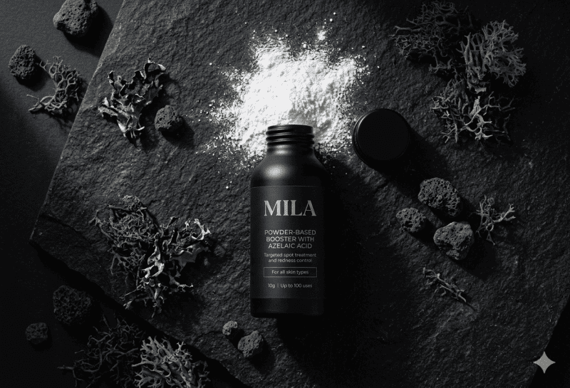 Flacon noir de poudre soin MILA à l’acide azélaïque posé sur une surface minérale sombre avec poudre blanche et éléments naturels.