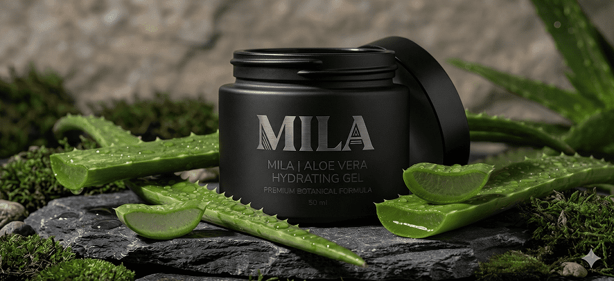 Pot noir de gel hydratant MILA Aloe Vera entouré de feuilles d’aloe vera fraîches sur un décor minéral naturel.