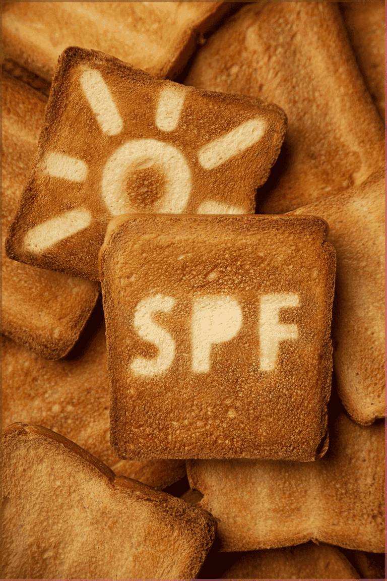 Tranches de pain de mie grillées où l'une d'elles présente une zone claire épargnée par la chaleur dessinant un soleil et l'inscription SPF.