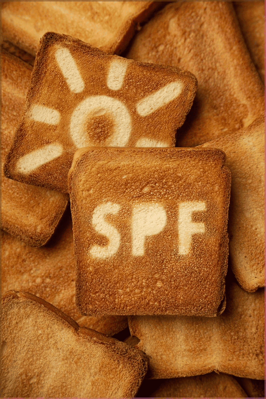 Tranches de pain de mie grillées où l'une d'elles présente une zone claire épargnée par la chaleur dessinant un soleil et l'inscription SPF.