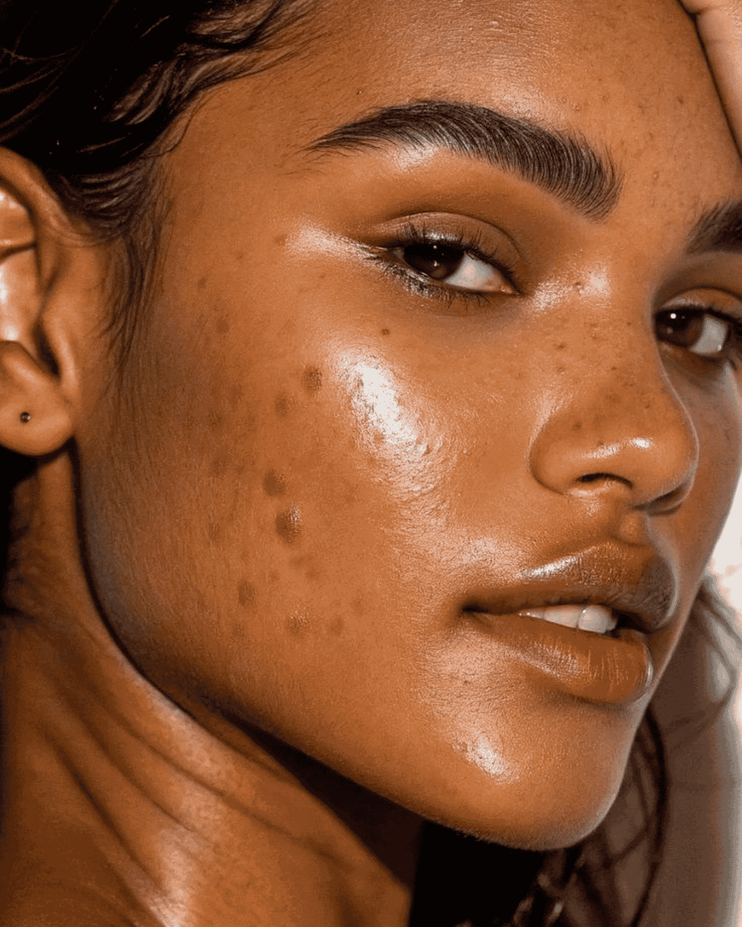 Gros plan sur une joue présentant des taches brunes éparses et des marques de pigmentation.