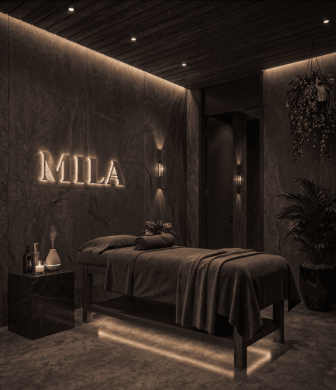 Intérieur d'une salle de massage haut de gamme avec une table de soin recouverte de linge noir, un mur en pierre sombre avec l'enseigne lumineuse MILA et une ambiance tamisée.