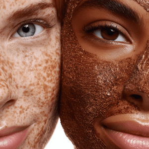 Gros plan de deux visages côte à côte, l'un avec des taches de rousseur et l'autre couvert d'un masque exfoliant marron granuleux.