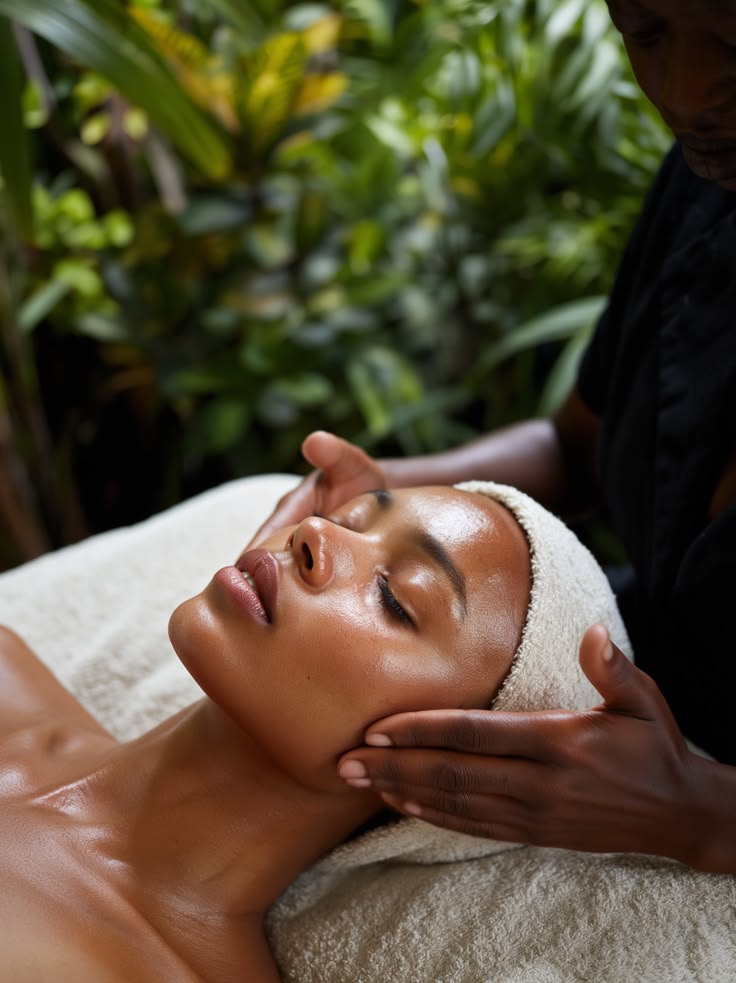 Soin du visage relaxant réalisé dans un spa tropical avec ambiance naturelle et apaisante.
