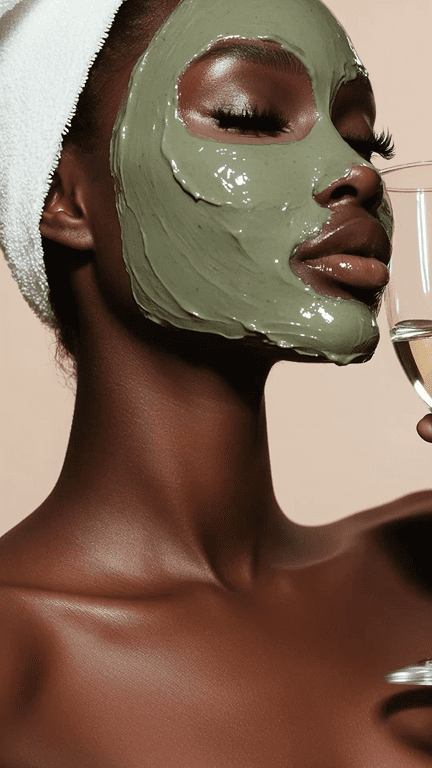 Femme avec un masque à l'argile verte, une serviette blanche sur la tête, tenant un verre à pied.